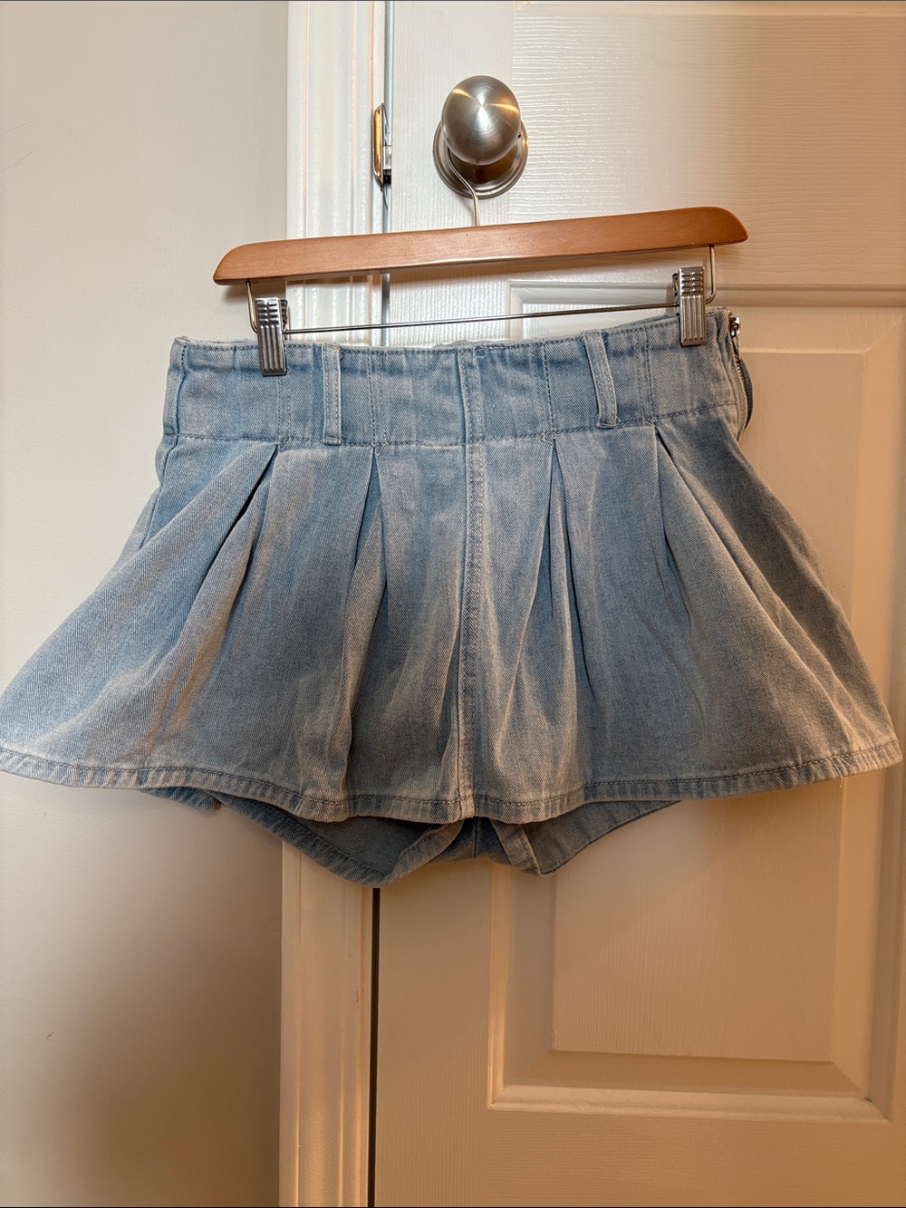 Light Wash Denim Pleated Skort for Women
